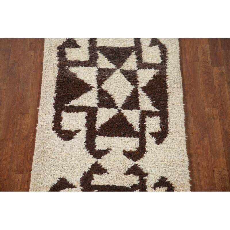 Anatolian Turkish Runner Rug Handmade Geometric Beige Wool Carpet - 3'3"x 12'5"