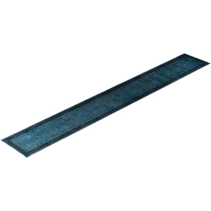 Overton Hand Knotted Wool Vintage Inspired Modern Contemporary Overdyed Blue Runner Rug - 2' 7" x 19' 8"