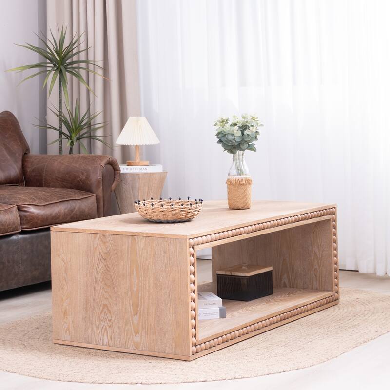 Rustic Beaded Edge Coffee Table -47.6" Rectangular Center Table with Open Storage Shelf