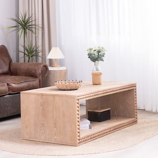 Wood Accent Table Sofa Table, Rustic Coffee Table with Beaded Edge, Center Table with Open Storage Shelf