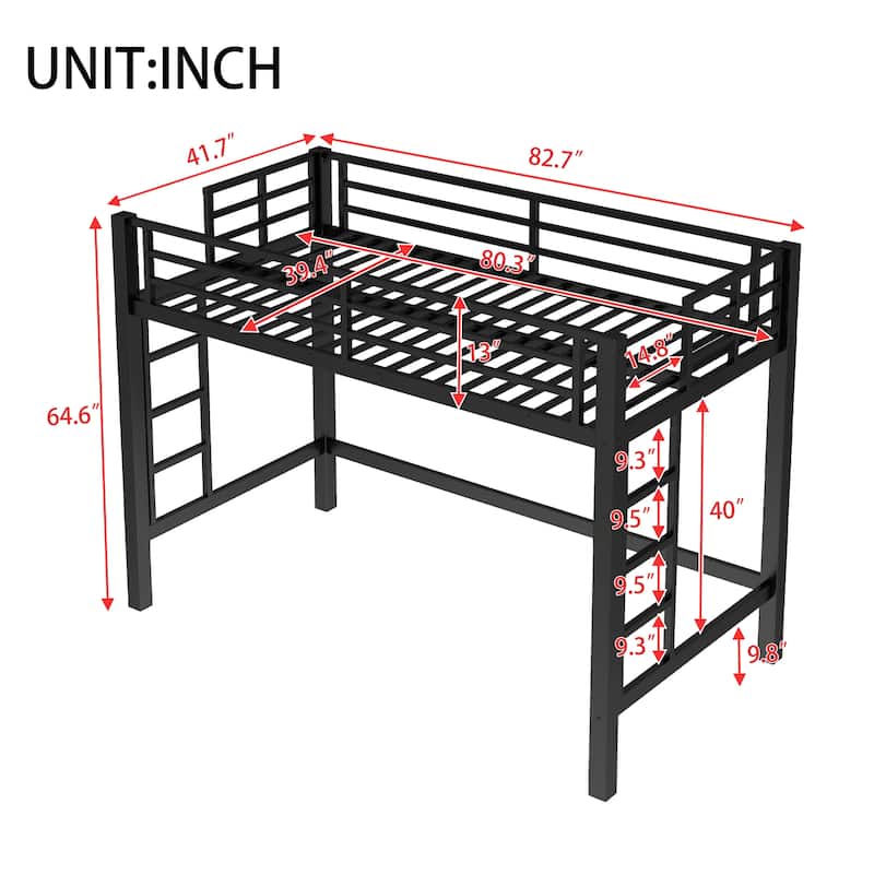 Roomfitters Metal Loft Bed with Dual Ladders, High Sleeper Frame with Under Bed Storage Space, Black
