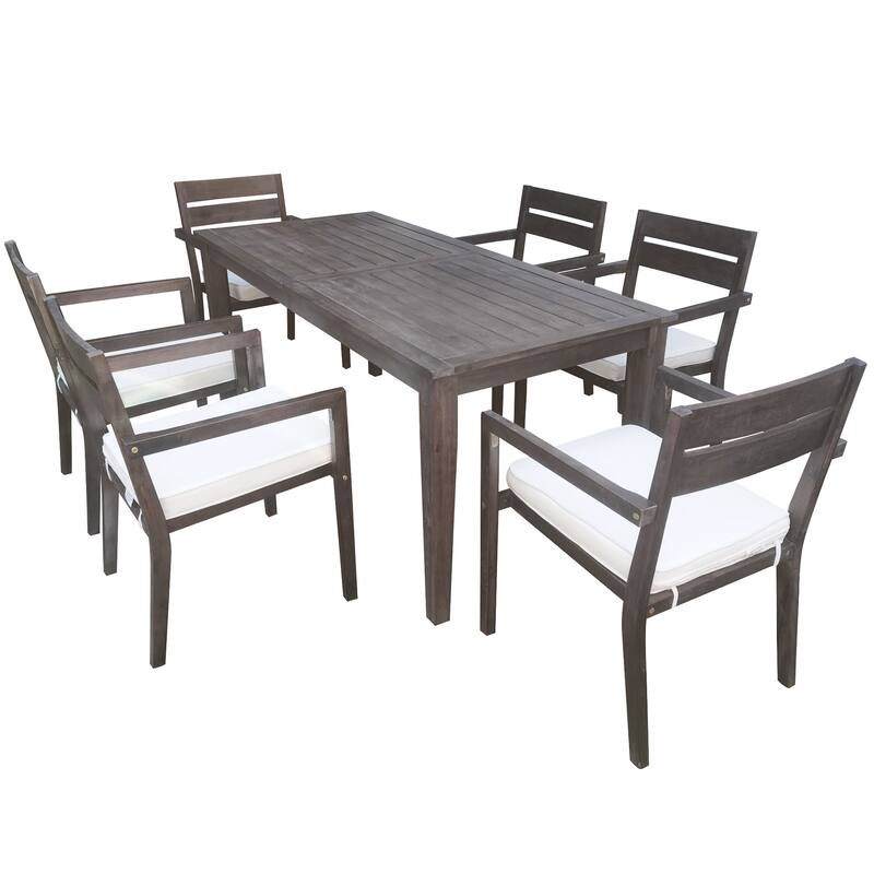 Roomfitters 7-Piece Acacia Wood Outdoor Dining Set with Cushions, 6 Armchairs and Rectangular Table for Patio Garden