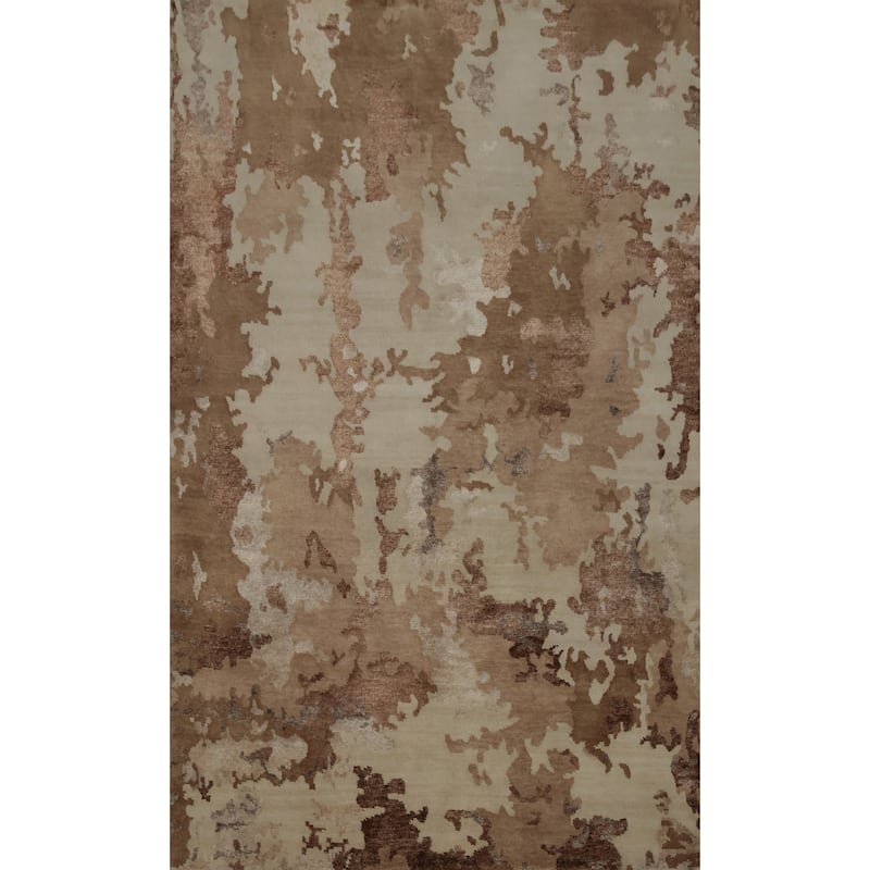 Hand Knotted Oriental Wool & Silk Carpet Modern All-Over Beige & Ivories Gabbeh Area Rug - 7' 4'' X 5' 4''