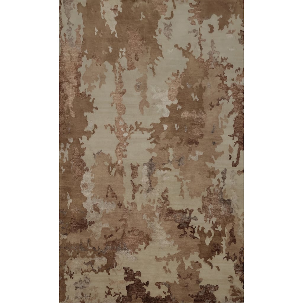 Hand Knotted Oriental Wool & Silk Carpet Modern All-Over Beige & Ivories Gabbeh Area Rug - 7' 4'' X 5' 4''