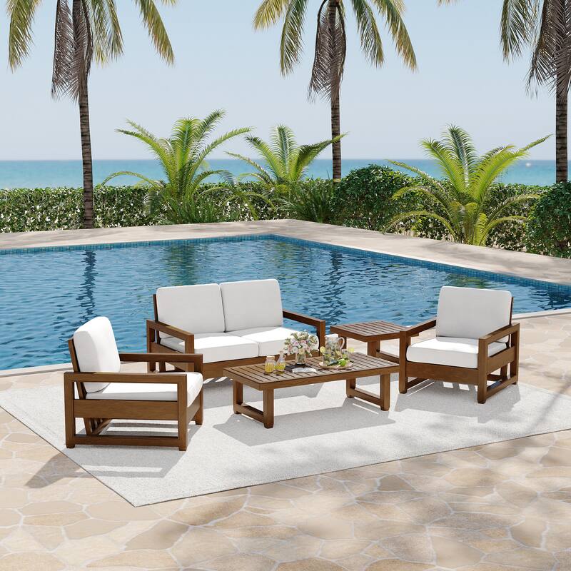 5-Piece Patio Wood Conversation Set with Loveseat, Chairs and Tables