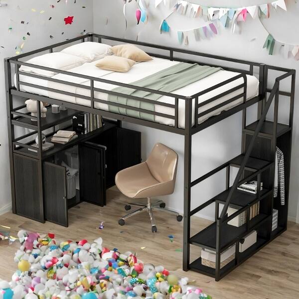 slide 2 of 15, Black Metal Full Size Loft Bed with Storage and Wardrobe and Lockers for Home Black