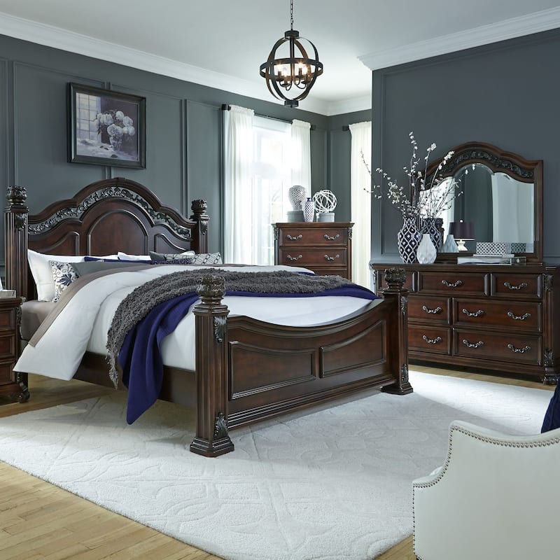 Liberty Furniture Messina Estates Poster Bed, Dresser & Mirror, Chest, Night Stand - King or Queen - Bed, Dresser & Mirror - King