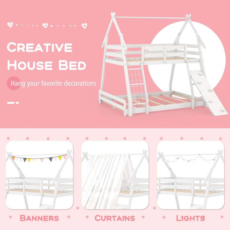 Costway Twin Over Queen Bunk Bed House Shaped Bed Frame with Climbing - See Details