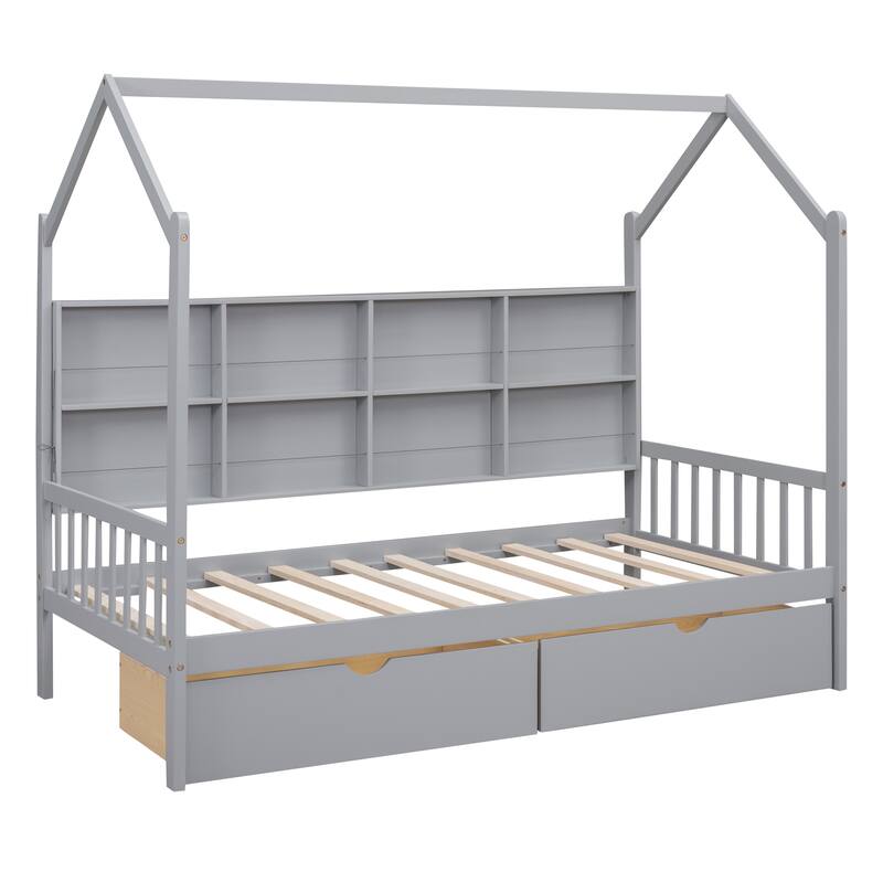 Twin Size Wooden House Bed with 2 Drawers and Storage Shelf, Kids Bed with Roof Design
