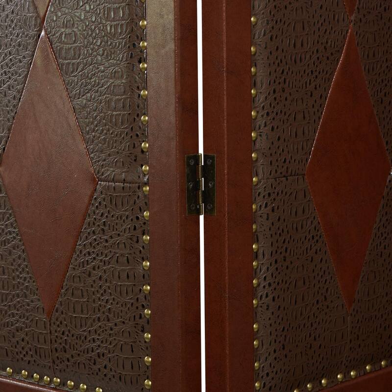 Faux Leather Scroll Hinged Foldable 4 Panel Room Divider Screen with Faux Leather Detailing - Brown - Roche River Decor