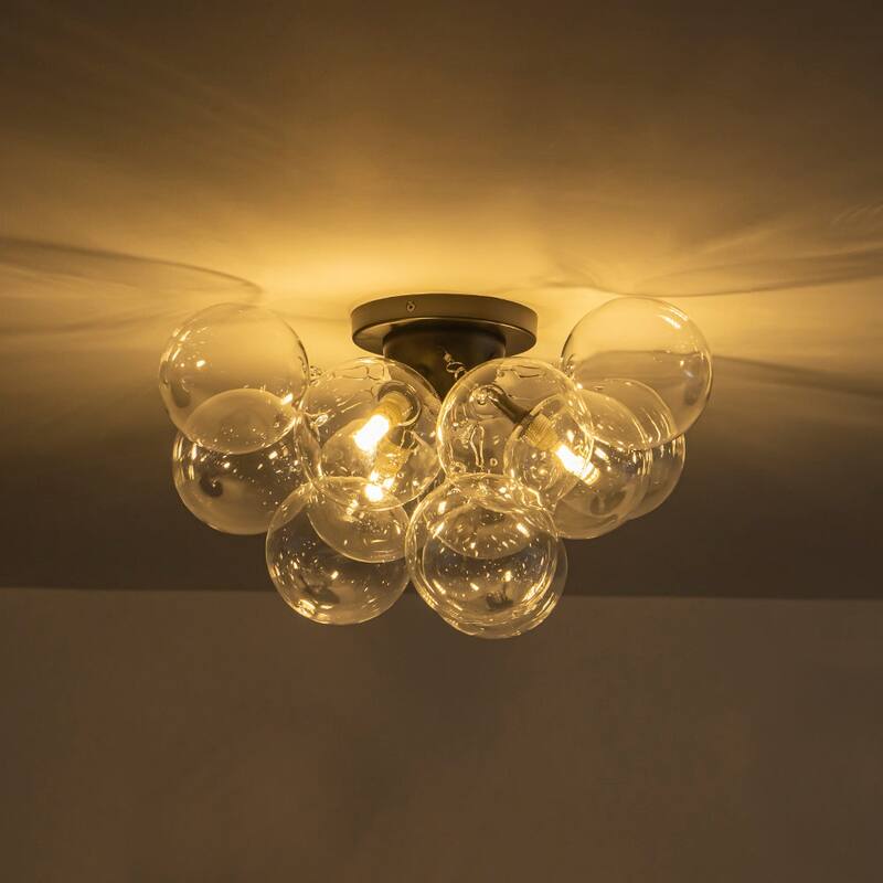 3-Light Clear Glass Globe Bubble Semi Flush Chandelier - Brass 18in