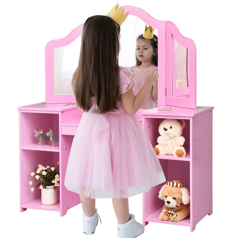 Costway Vanity Table Set Makeup Dressing Kids Girls Study Table Tri - See Details