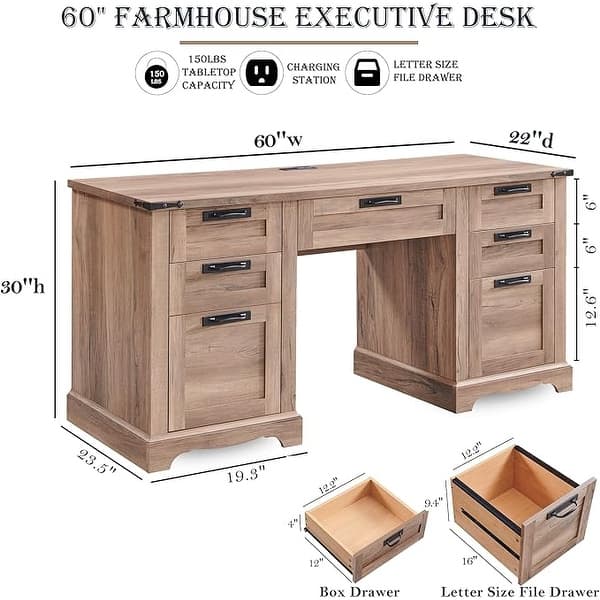 dimension image slide 2 of 5, 60" Farmhouse Executive Desk, Wood Home Office Desk, Computer Desk