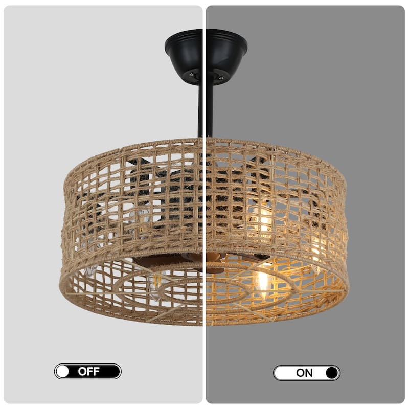 Cusp Barn 18" Boho Ceiling Fan with Remote Control, Caged Rattan 6-Light 3 Speeds Reversible Fandelier for Bedroom Living Room