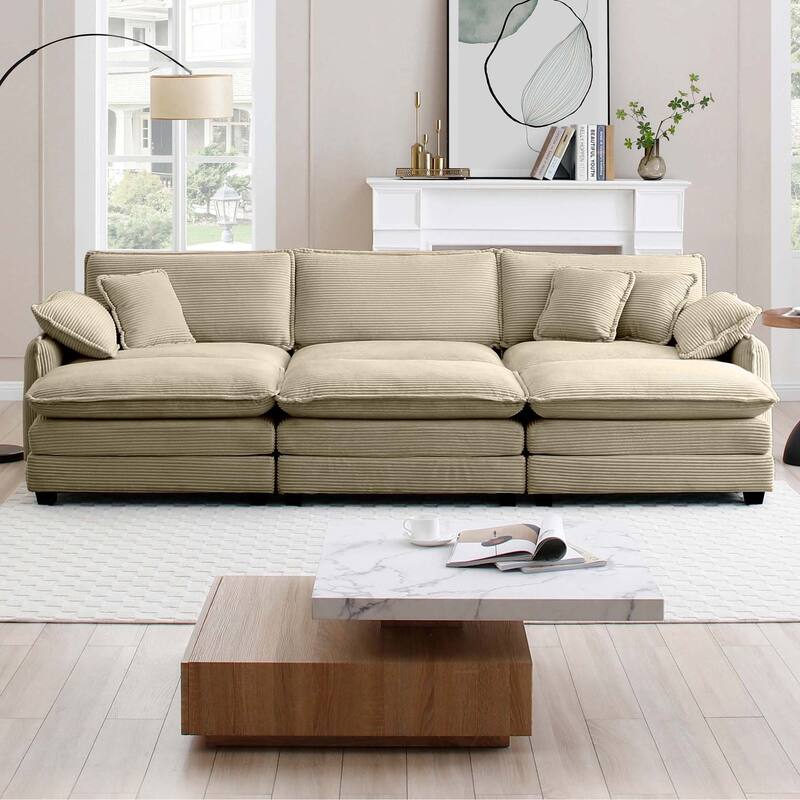 Tan 6-piece Corduroy Upholstered Modular Sleeper Sectional Sofa with 3 Removable Ottoman and 5 Pillows, Free Combination