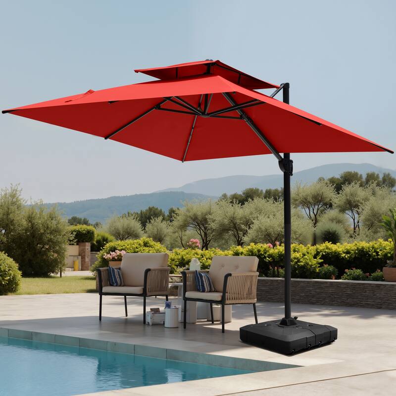 Pellebant Outdoor 10 FT Square Cantilever Patio Umbrella with Wheel Base - Red