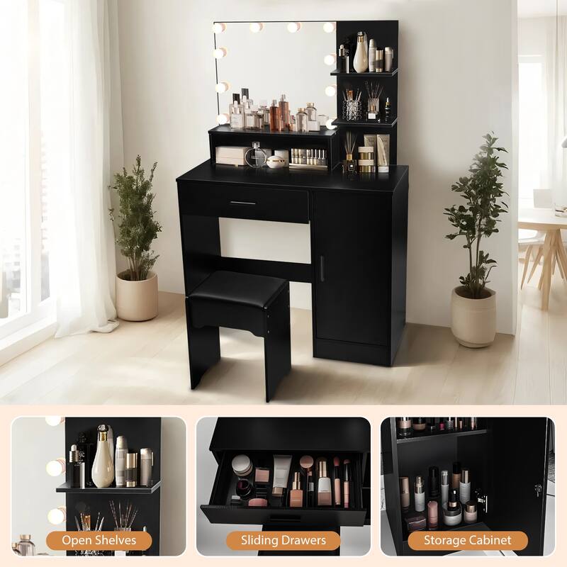 35.4" Makeup Vanity Table with LED Mirror - Adjustable Light Modes, Drawer, Shelves & Storage Cabinet