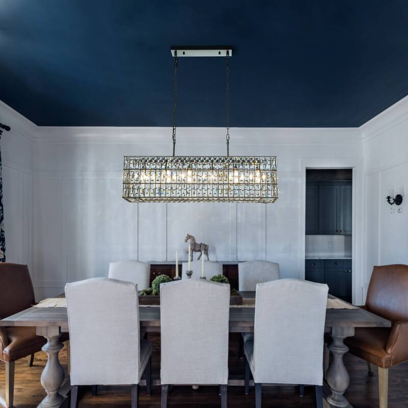 Modern Luxury 6-Light Matte Black Rectangular Chandelier with Diamond Crystal Accents for Kitchen Island & Dining Elegance