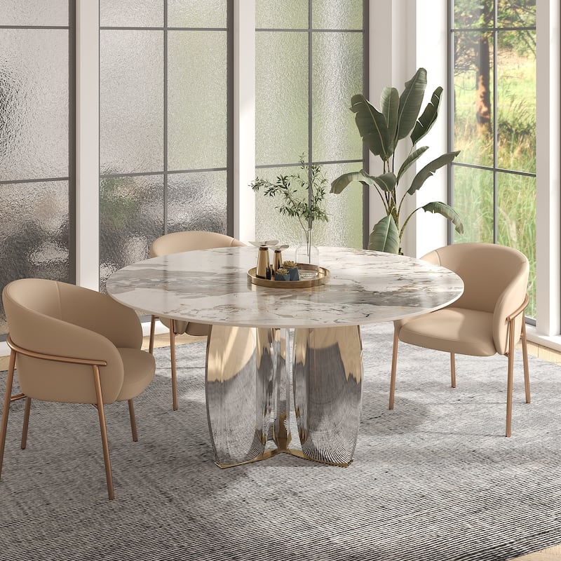 Modern Round Rock Slabs Stainless Steel Mirror Pedestal Dining Table