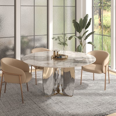 Modern Round Rock Slabs Stainless Steel Mirror Pedestal Dining Table