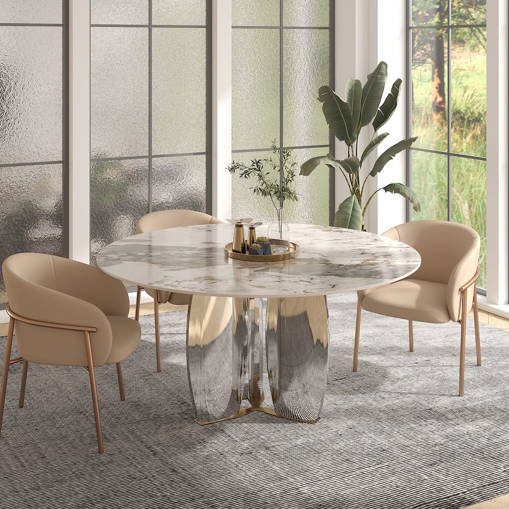 Modern Round Rock Slabs Stainless Steel Mirror Pedestal Dining Table