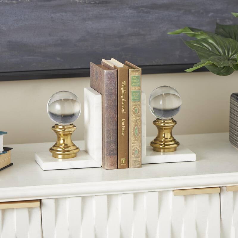 Marble Decorative Bookends with Glass Orbs and Gold Accents - Set of 2 White - Roche River Decor