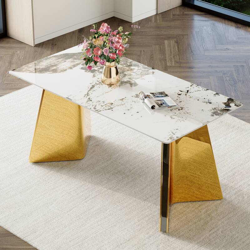 Roomfitters Pandora Sintered Stone Dining Table with Gold Stainless Butterfly Legs for Dining Room - Marble+Gold