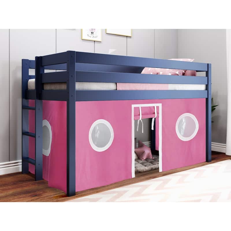 JACKPOT Contemporary Low Loft Twin Bed with End Ladder and Tent - Blue with Pink & White Tent
