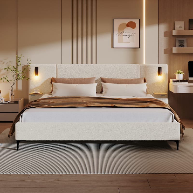 Christopher Knight Home - Elise Boucle Upholstered Bed with Integrated Lights and Shelves - White - Queen