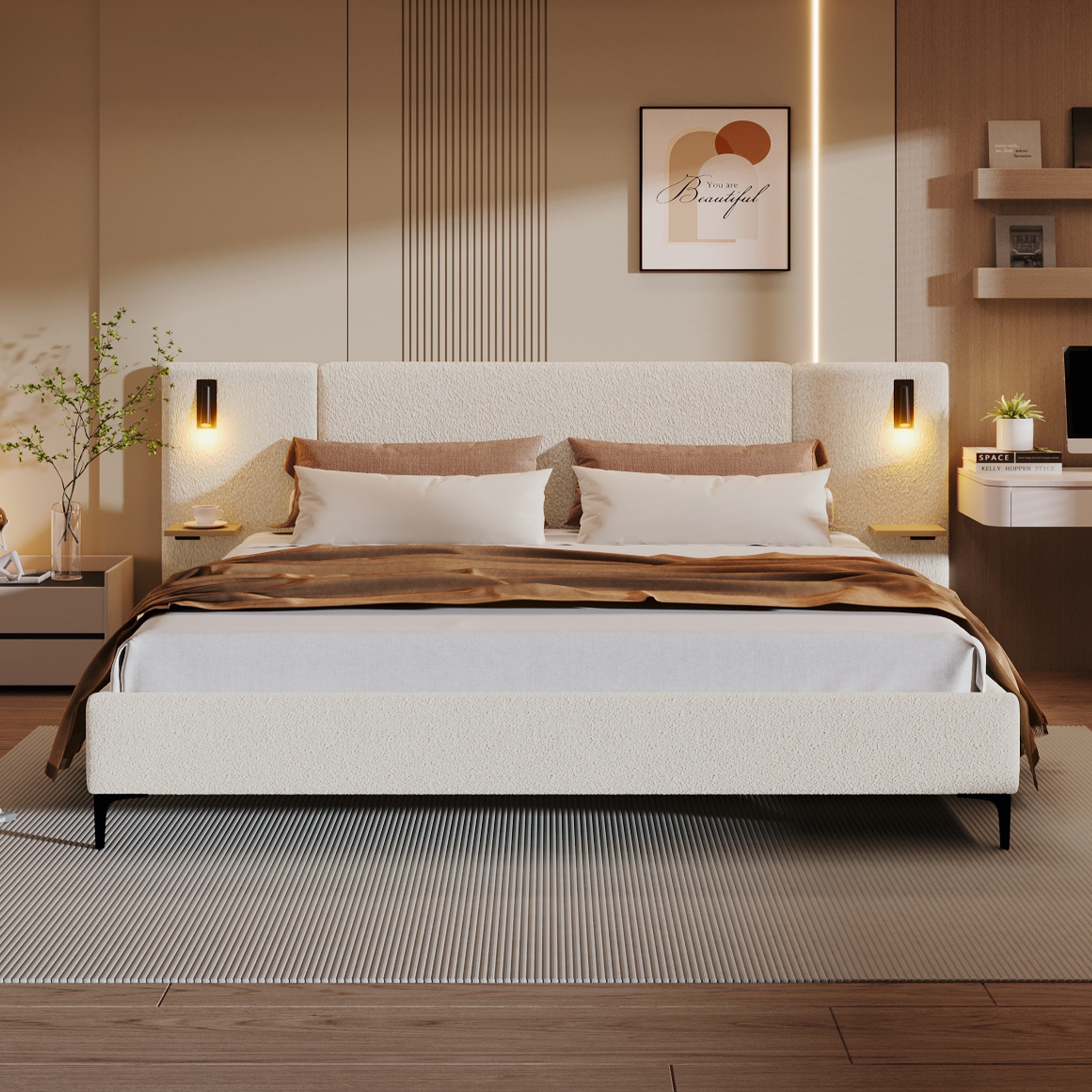 Christopher Knight Home - Elise Upholstered Bed with Integrated Lights and Shelves