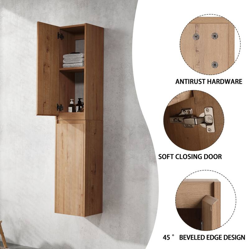Modern Wall-Mounted Bathroom Side Cabinet with Soft-Close Doors, Floating Design, 6 Storage Compartments, 12-Inch Width