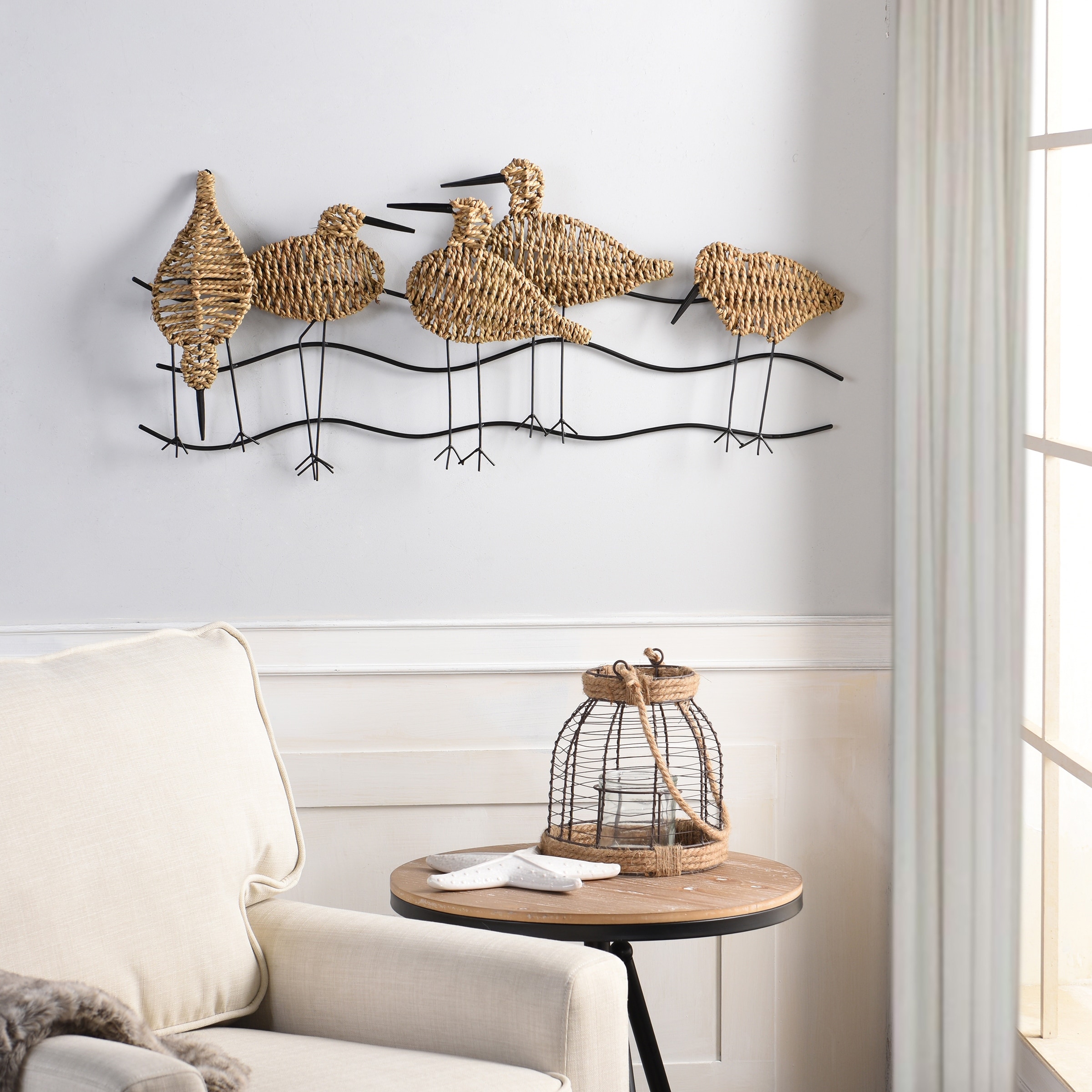 StyleCraft Flock Of Birds Wall Art - Natural Woven Seagrass, Black Metal