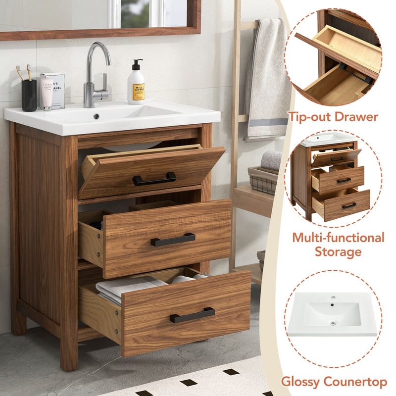 Bathroom Vanity 24 Inch, Small Bath Vanity with Sink, Modern Sink Cabinet, Free Standing Bath Vanity Combo with with 3 Drawers - Natural Wood
