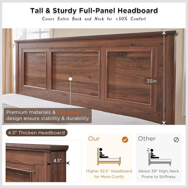 Farmhouse Queen Wood Bed Frame with 52" Tall Headboard & Footboard