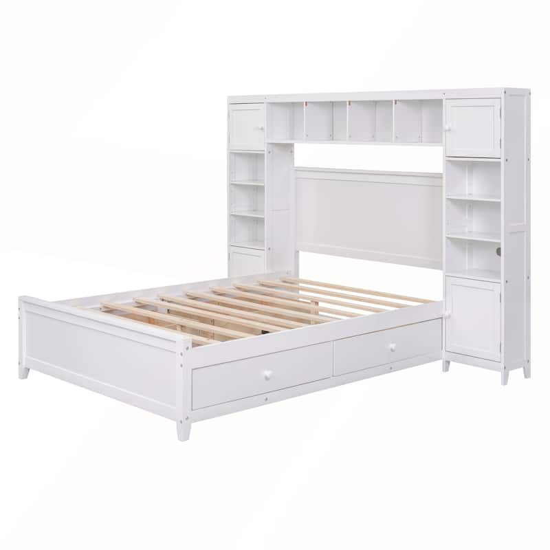 Full Size Wooden Bed With All-in-One Cabinet and Shelf
