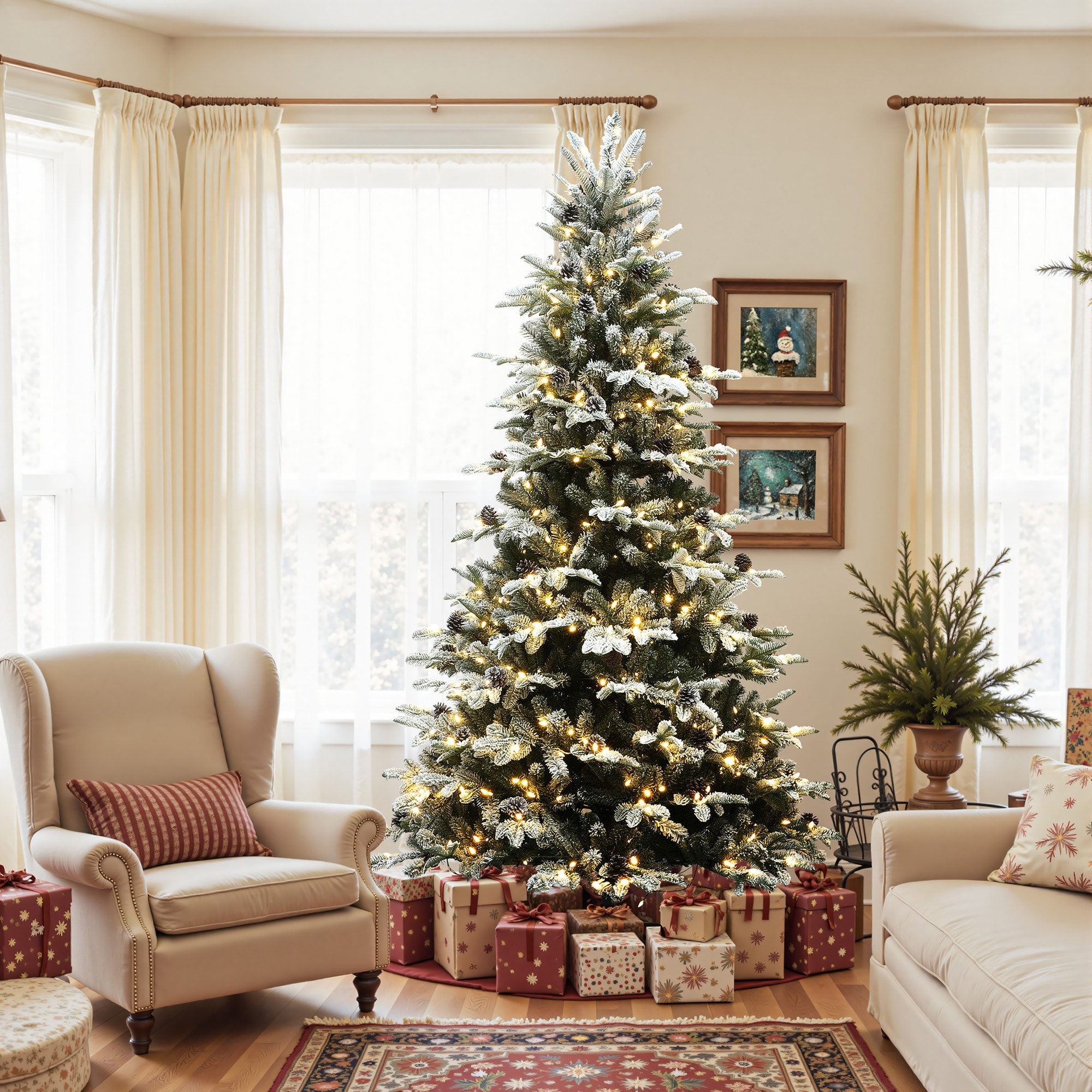 7.5Ft Pre-Lit Lightly Flocked Artificial Christmas Tree with Pinecones & Stand - 90" H x 51.6" Diameter