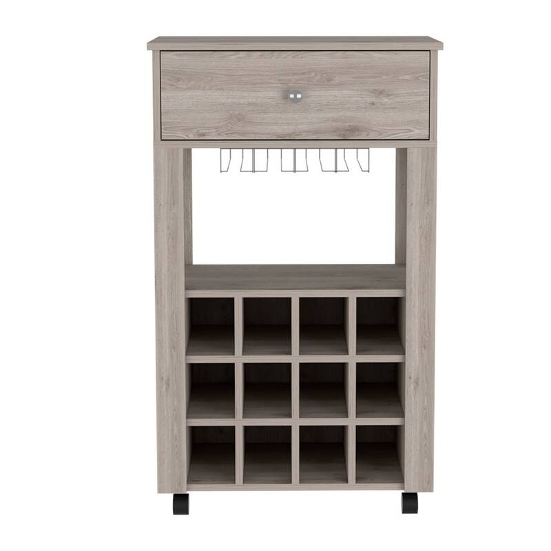12-Bottle Wine Rack Bar Cart with Stemware Rack, Drawer, and Caster Wheels, Black Finish