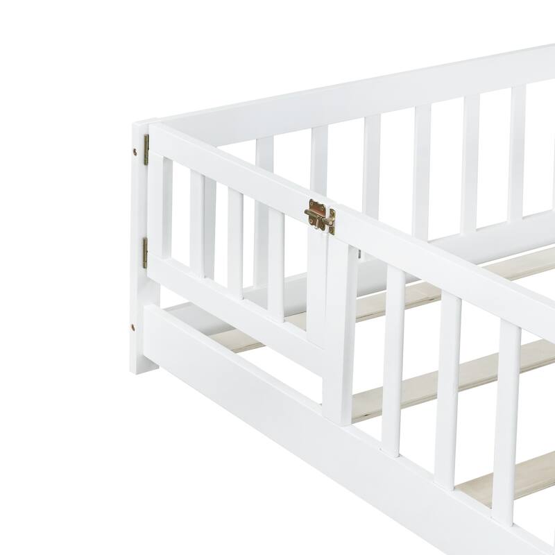 Floor Bed with Fence,Door and Safety Guardrails,Perfect for Kids' Play,Sleep and Development