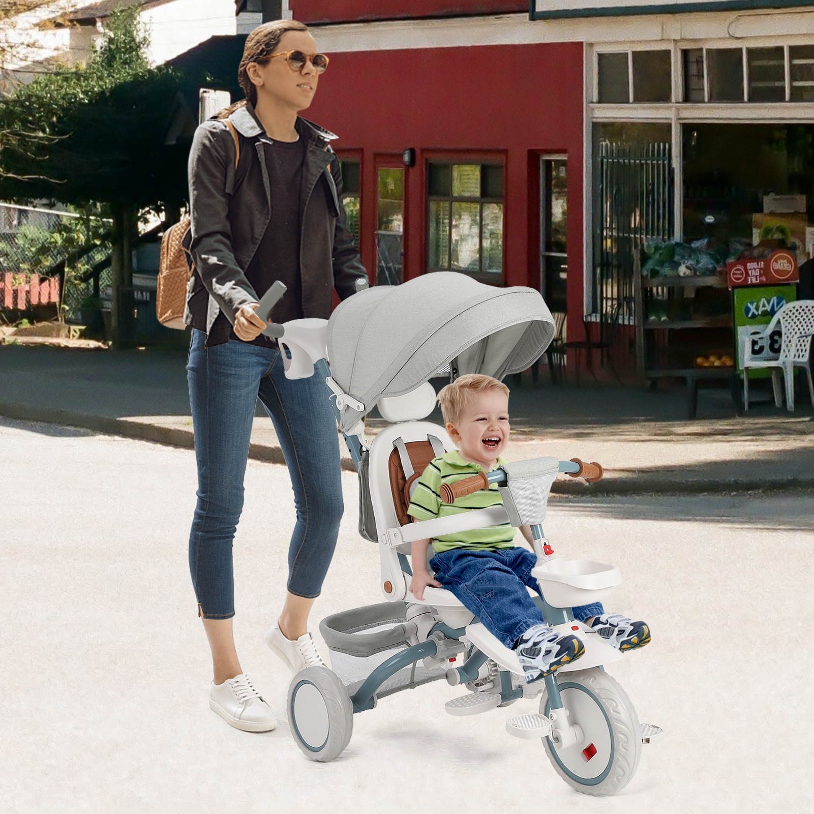 Baby Tricycle 7 in 1 Folding Toddler Bike w Removable Adjustable Push Handle Black
