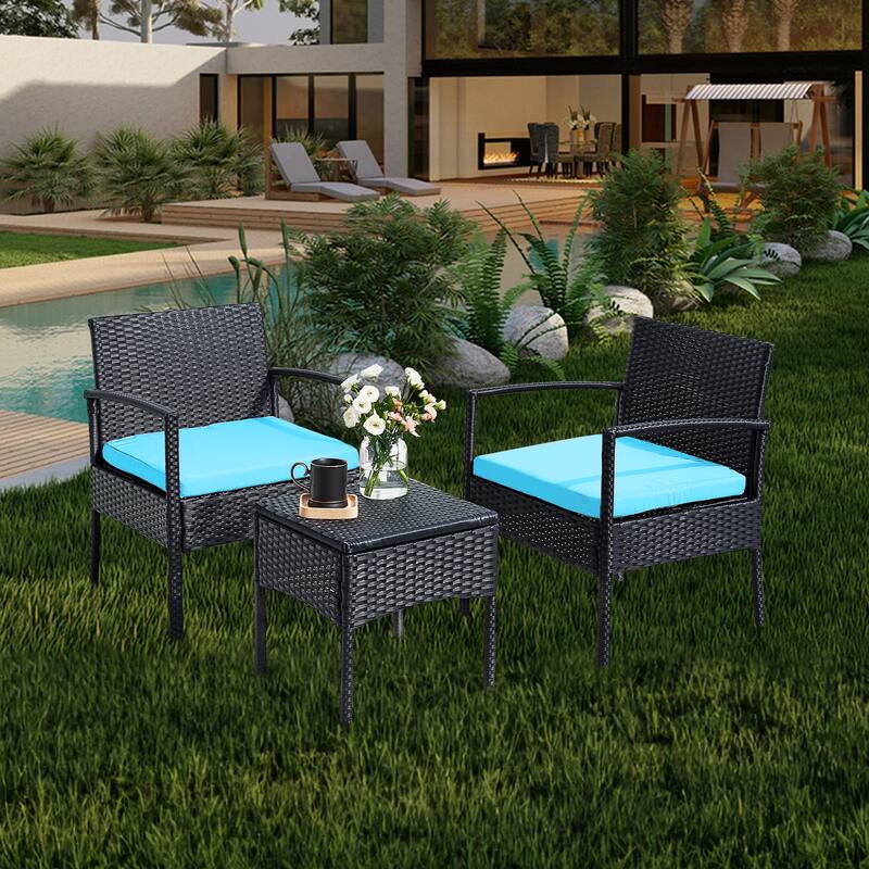 Outdoor Furniture 3 Piece Patio Bistro Furniture Set, Rattan Conversation Chairs Set with Side Table and Cushions