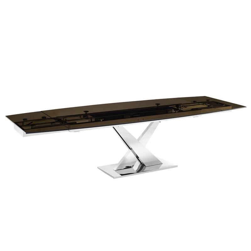 X Base Manual Dining Table with Stainless Base and Clear Top