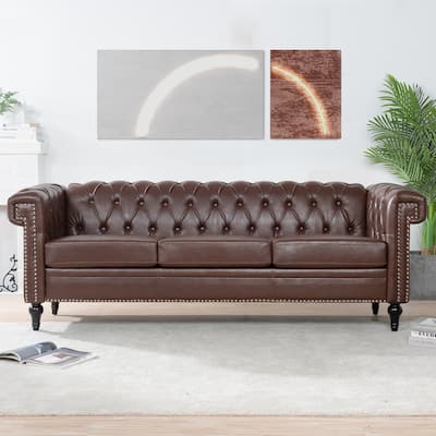 Modern 3 Seat Couch, 83.66" PU Leather Sofa with Square Arm and Removable Cushion for Living Room and Apartment