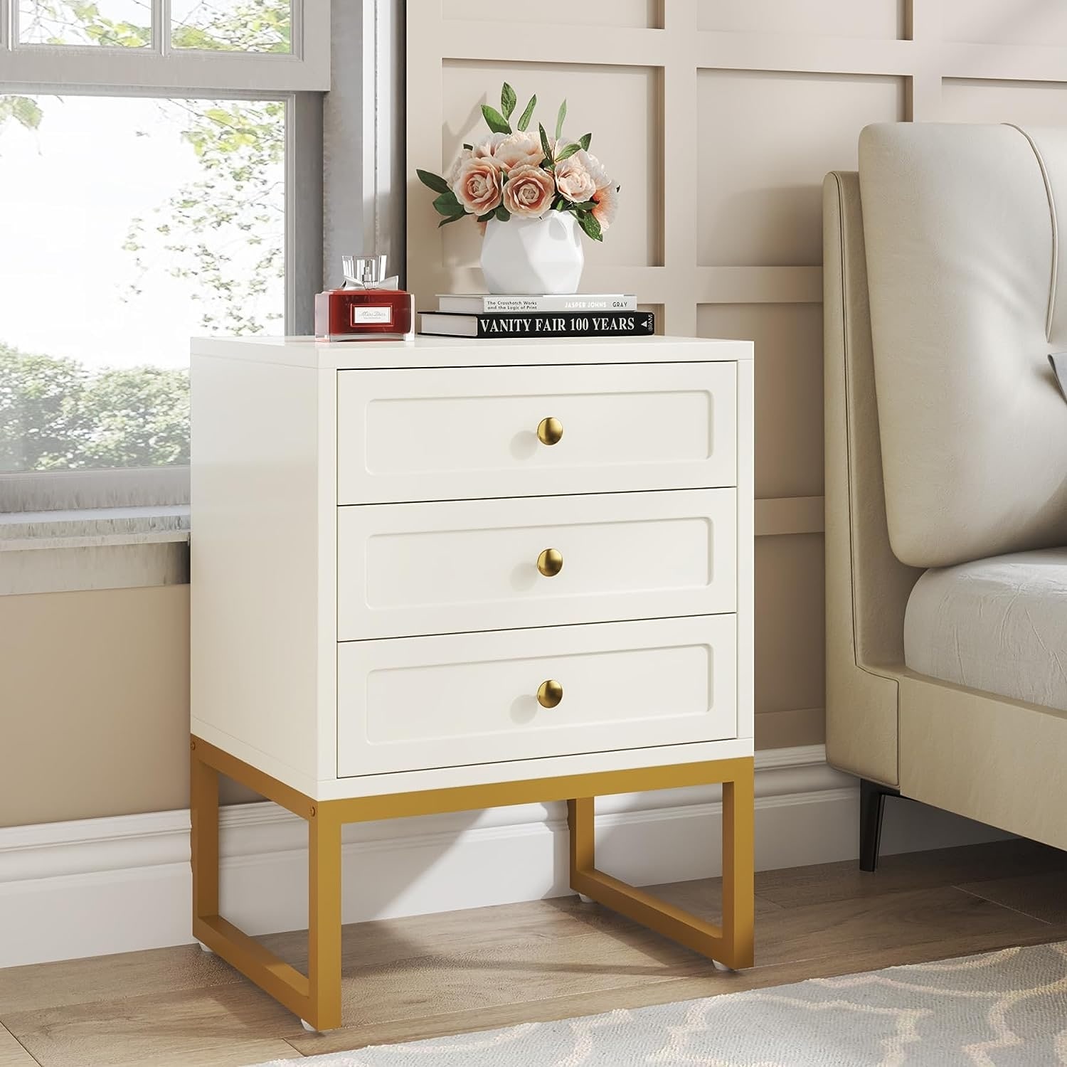 White nightstand hot sale with gold hardware
