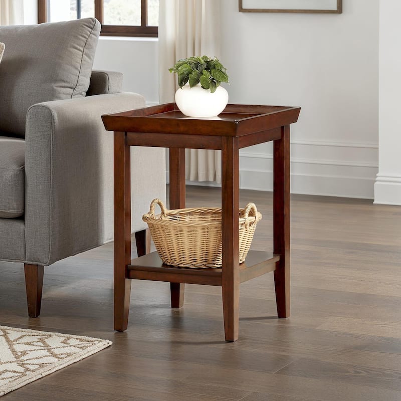 French End Table - Rubberwood Side Table with Storage Tray & Shelf - Living Room Accent Table - 18"W x 18"D x 26"H - 26