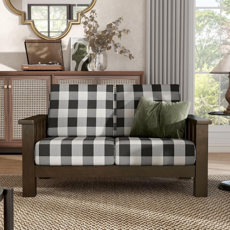 Furniture of America Milou Rustic Wood Plaid Patterned Fabric Loveseat - Dark Walnut