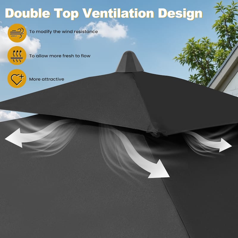 9PC Outdoor Patio Dining Set Wood-Like Aluminum Umbrella Hole Table with Folding Chairs,Double Top Market Umbrella and Base