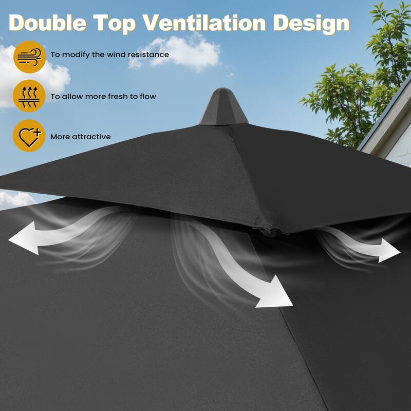 9PC Outdoor Patio Dining Set Wood-Like Aluminum Umbrella Hole Table with Stackable Armchairs,Double Top Market Umbrella and Base