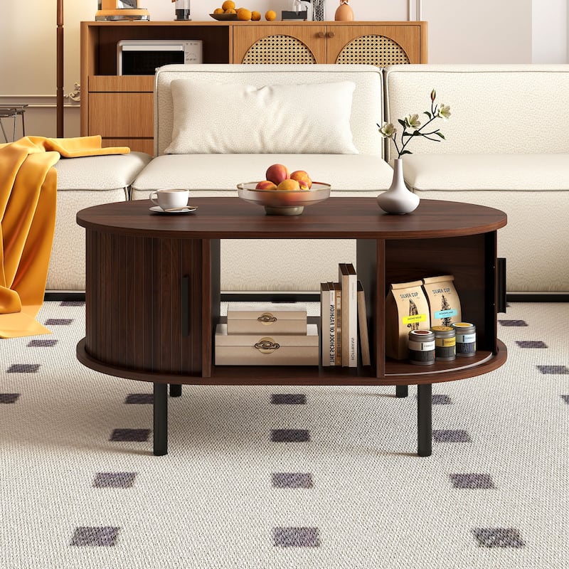 Oval Coffee Table with Open Compartment and Sector Shelves-Walnut - Multi