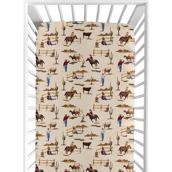 slide 2 of 6, Wild West Collection Boy Jersey Knit Fitted Crib Sheet - Red, Blue, Tan Western Cowboy Southern Country Horse