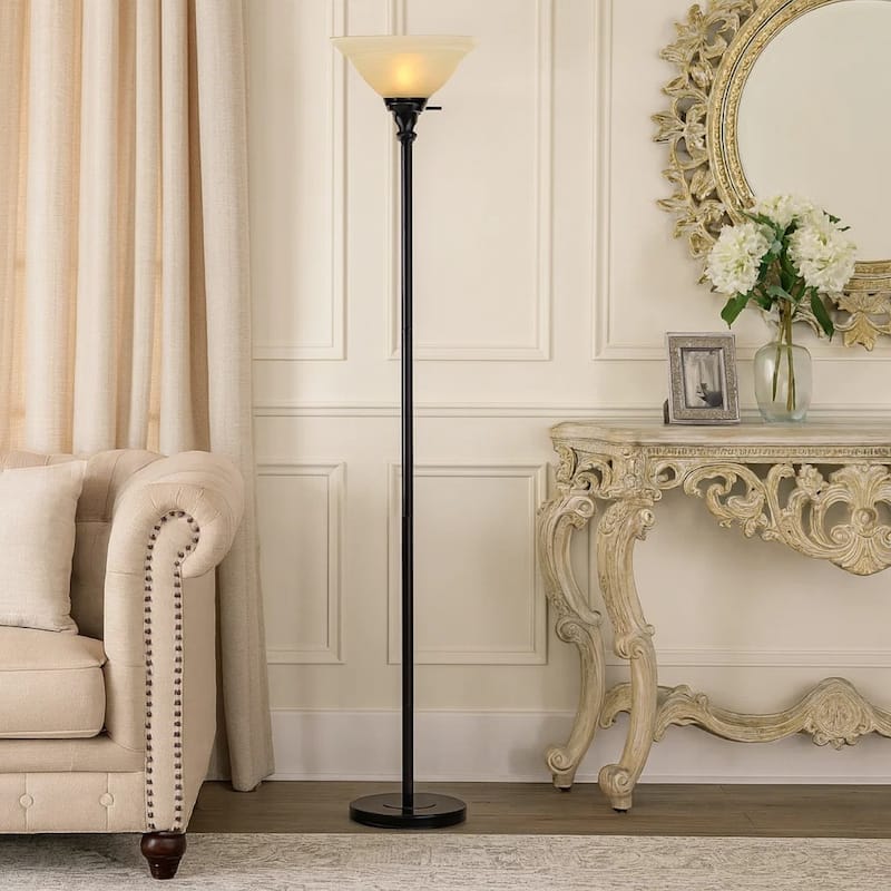 Metal Round 3 Way Torchiere Lamp with Frosted Shade, Dark Bronze and Gold